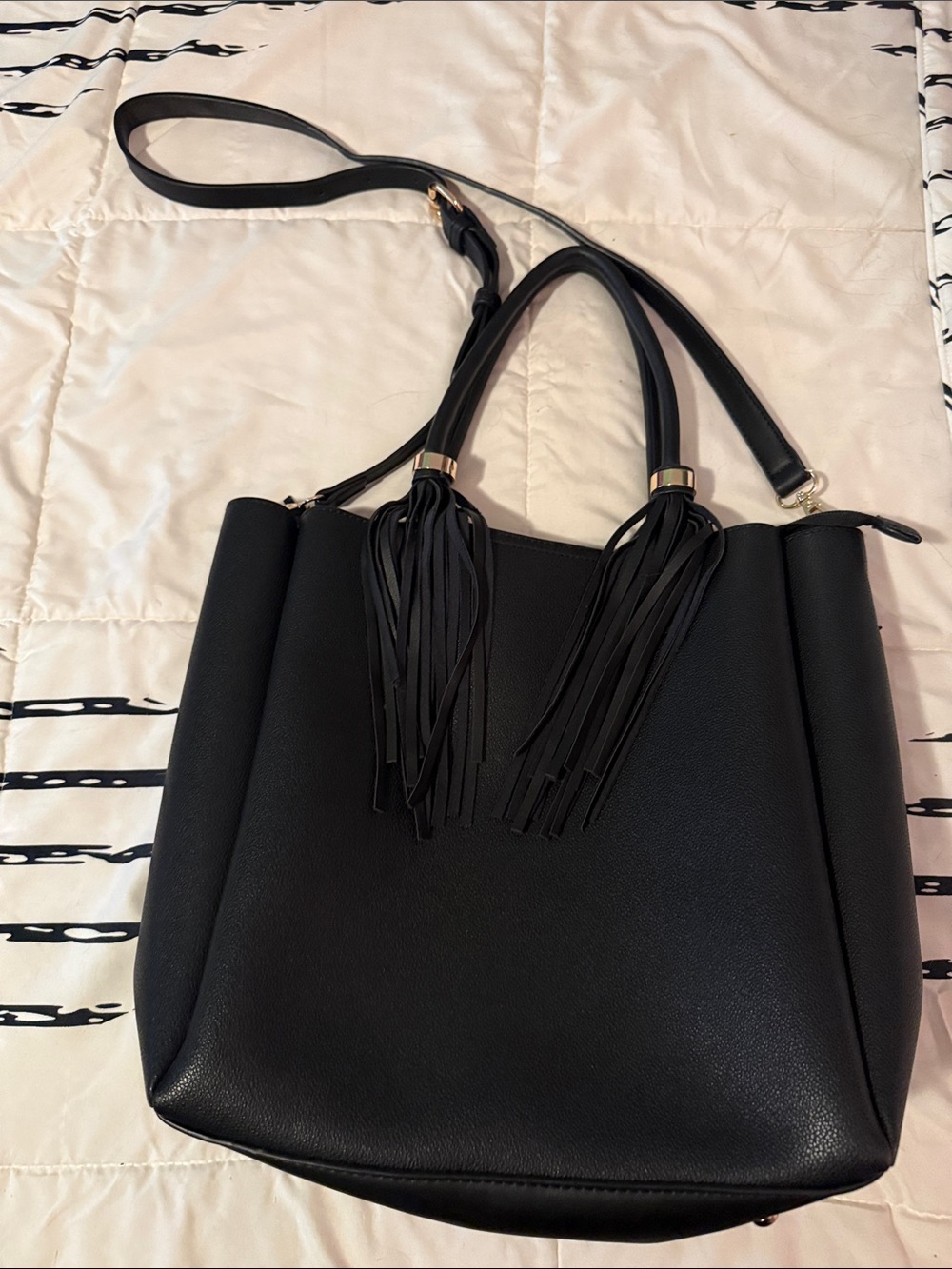 Black Leather Tassel Tote Bag - Women